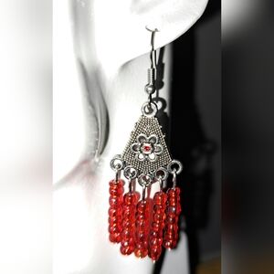 Handmade Beaded Red Chandelier Earrings with Svarvoski Crystal & Glass Beads